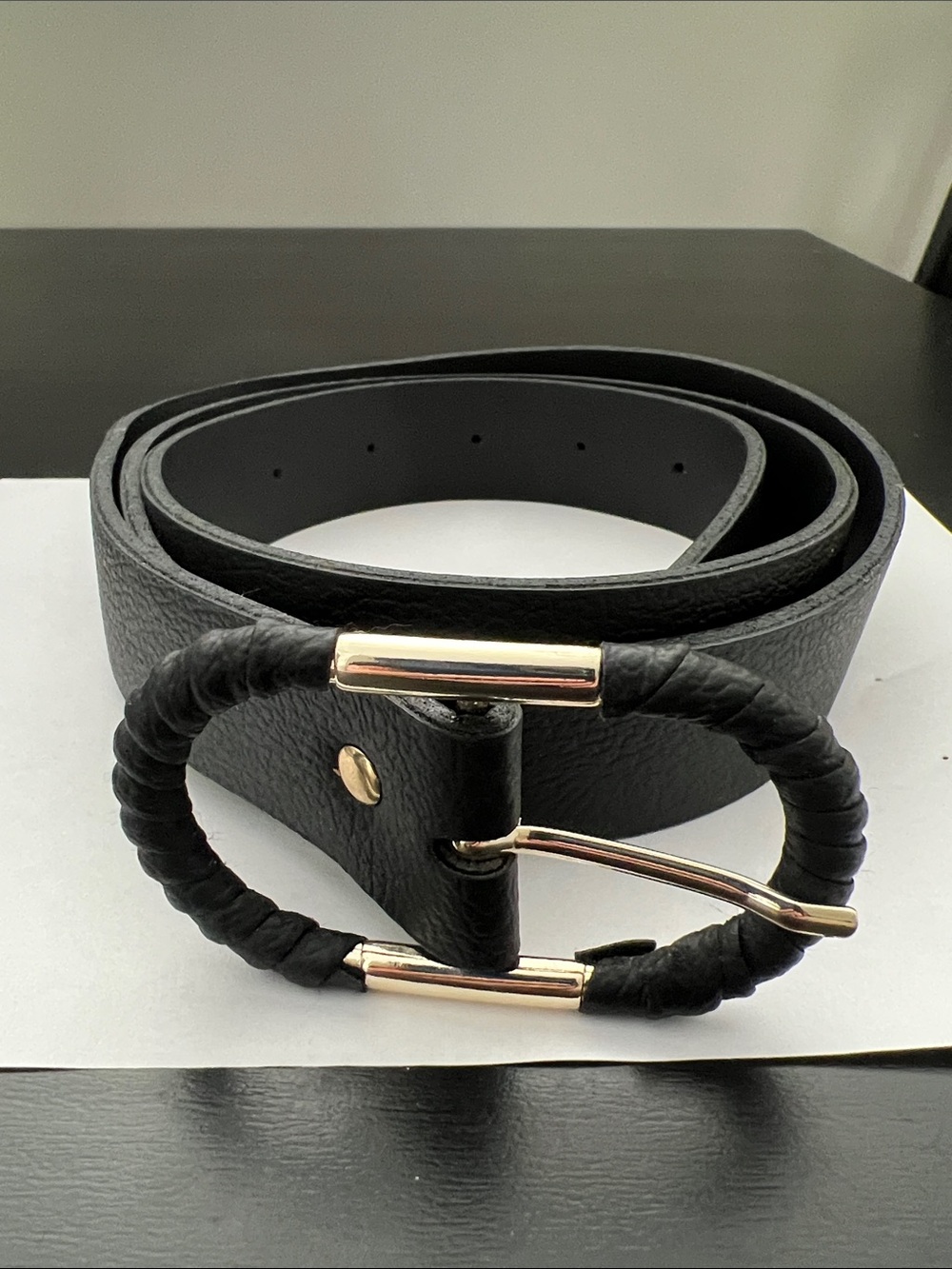 Womenโs Black Leather Belt with Black Braided Loop with Gold